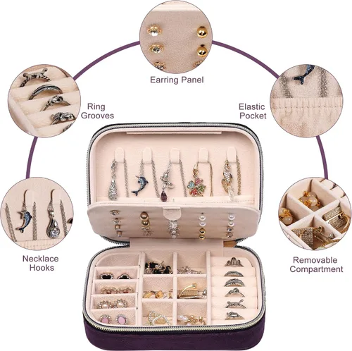 Vista 3 de Dajasan Mini estuche de joyería de viaje, pequeña caja organizadora de joyas de viaje, caja de regalo de joyería de terciopelo para mujeres y niñas