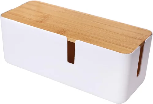 Vista 8 de Changsuo Caja de organización de cables con tapa de bambú, pequeña caja organizadora de cables para cable de extensión, protector de sobretensiones