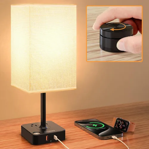 Vista 11 de COZOO - Lámpara de mesa y mesita de noche con control táctil de intensidad regulable de 3 vías, 3 puertos de carga USB y 2 tomas de corriente, base