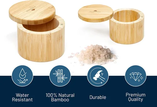 Vista 2 de RoyalHouse Soporte para sal y pimienta de bambú natural con tapa de bambú Bodega de sal con tapa giratoria magnética, caja de almacenamiento sana