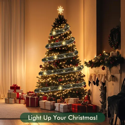Vista 5 de Paquete de 2 guirnaldas de Navidad preiluminadas, guirnalda artificial iluminada de 15 pies con luces para chimenea, barandillas de escalera, árbol