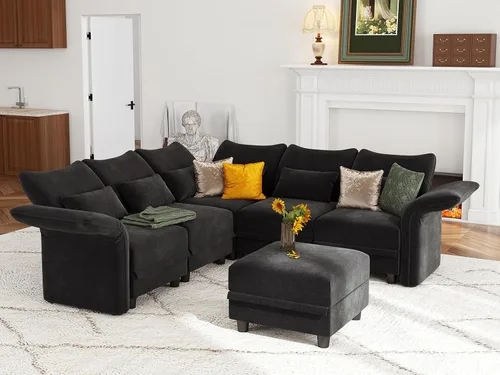 Vista 23 de LLappuil - Sofá seccional en forma de L con almacenamiento, sofás seccionales modulares beige de pana para sala de estar con brazos y respaldos Pana