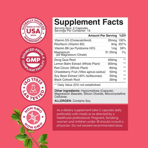 Vista 2 de Paquete de suplemento completo de menopausia herbaria para sudores nocturnos, estado de ánimo con Dong Quai Vitex Casto, Cohosh Negro y G Curve
