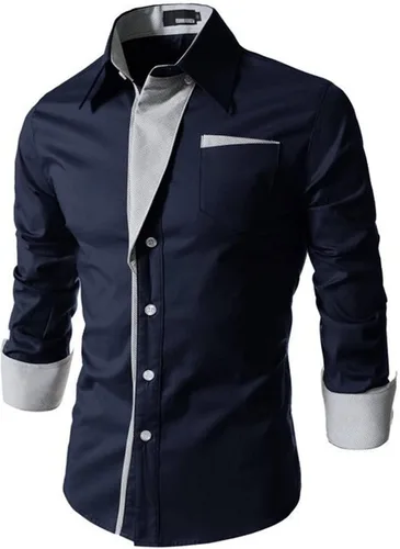 Vista 2 de Camisa decorativa a rayas de contraste de moda para hombre, camisa de manga larga de algodón casual con cuello a cuadros