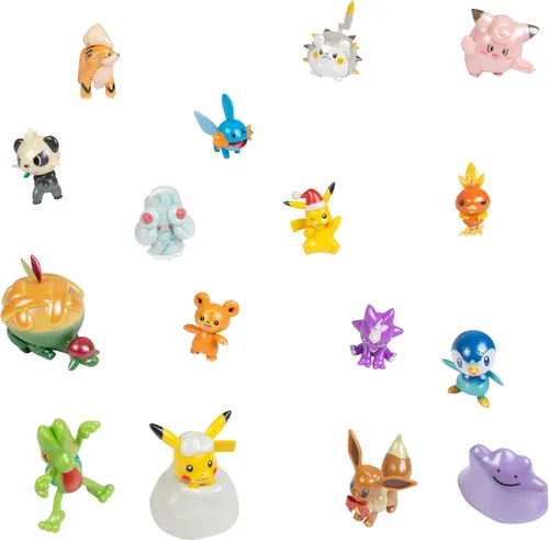 Vista 4 de Calendario de Adviento de Pokémon para niños, juego de regalo de 24 piezas, incluye Pikachu, Eevee, Jigglypuff y más, 16 figuras de personajes