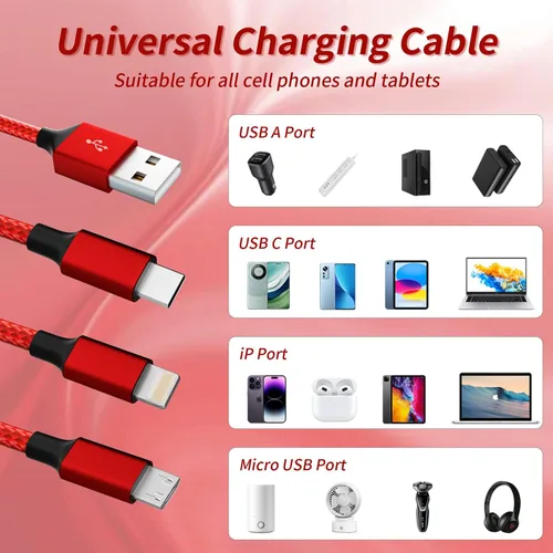 Vista 10 de Cable de carga múltiple 3 en 1, paquete de 2 cables USB de nailon trenzado