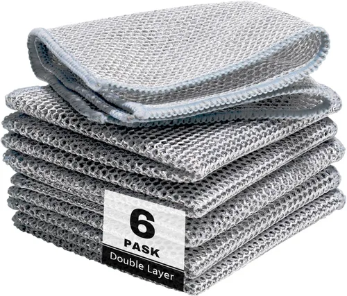Vista 8 de 3 paños de cocina de alambre antiarañazos, 2 capas superabsorbentes de bambú y carbón, trapos reutilizables multiusos para lavar platos húmedos