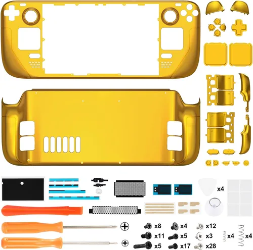 Vista 2 de eXtremeRate Juego completo de carcasa de bricolaje con botones para Steam Deck LCD, placa frontal personalizada de repuesto para Steam Deck LCD, oro