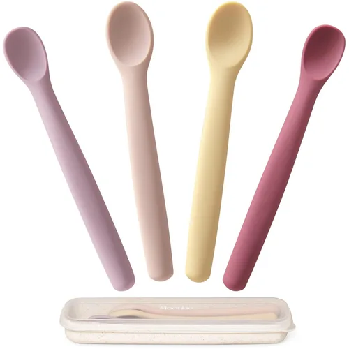 Vista 13 de Moonkie Juego de 4 cucharas de silicona para bebé, cucharas para niños pequeños para autoalimentación de 6 meses, cucharas de alimentación de dos