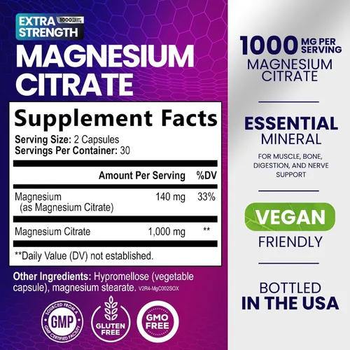 Vista 2 de Píldoras de suplemento de citrato de magnesio 1000mg - Suplementos de magnesio de 3 veces la fuerza para huesos, músculos, corazón, apoyo del sueño