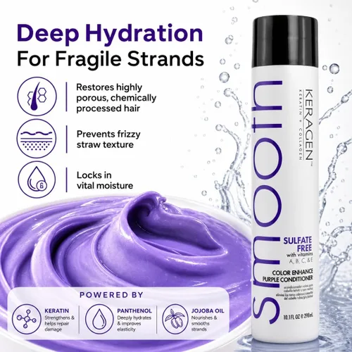 Vista 4 de KERAGEN - Acondicionador púrpura sin sulfato para neutralizar los tonos amarillos en cabello rubio y plateado con queratina, pantenol, vitaminas