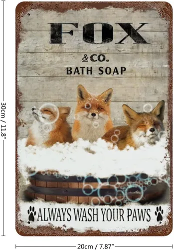 Vista 2 de Placa colgante de hierro vintage con diseño de zorro, letrero de hojalata vintage con texto en inglés "Wash Your Paws", letrero de metal para bar