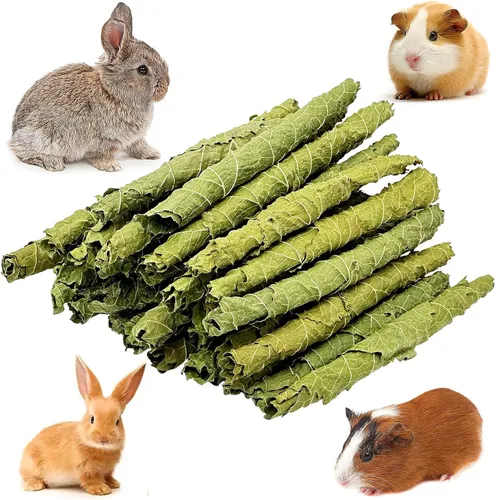 Vista 7 de Fhiny Juguetes masticables de conejo, 1.76 oz de hojas de morera natural, rollos crujientes de animales pequeños, bocadillos molares de chinchilla
