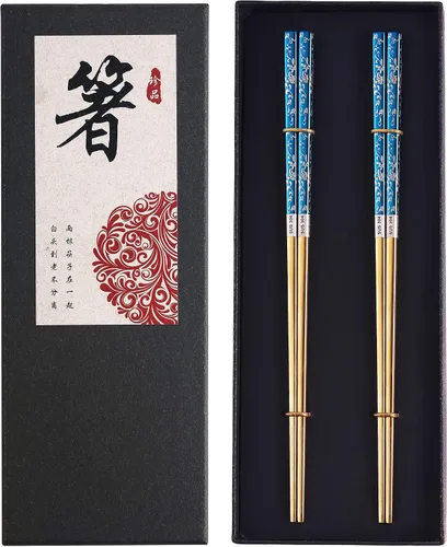 Vista 2 de Palillos metálicos chapados en titanio, 2 pares de palillos de acero inoxidable azul dorado y palillos de metal, reutilizables, palillos de acero