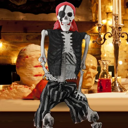 Vista 2 de Esqueleto de Halloween, esqueleto de imitación de tamaño natural de 25.6 in, huesos humanos realistas con articulaciones articuladas, estilo pirata