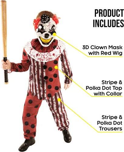 Vista 2 de Morph Disfraz de payaso aterrador para niños, disfraz de payaso asesino espeluznante para Halloween, disfraz divertido para niños y niñas