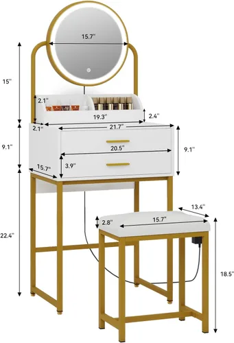 Vista 5 de ARTETHYS Escritorio pequeño con espejo y luces, tocador de maquillaje compacto blanco con silla, moderno tocador que ahorra espacio con cajón