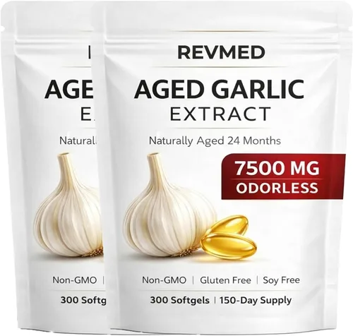 Vista 7 de WNW Revmed Extracto de ajo añejo, equivalente a 7500 mg, envejecido naturalmente a 24 meses, cápsulas blandas inodoras, sin OMG, sin gluten ni soja
