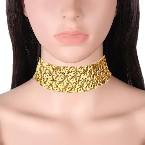 Vista 2 de COLORFUL BLING Collar corto de terciopelo de encaje grueso y ancho, con diamantes de imitación y lentejuelas de metal y diamantes de imitación
