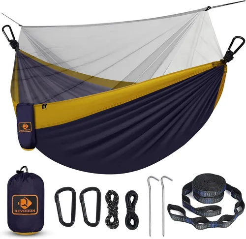 Vista 16 de Qevooon Hamaca de camping con red, hamacas ligeras portátiles de viaje con correas para árboles y mosquetones sólidos en forma de D, hamaca de Negro