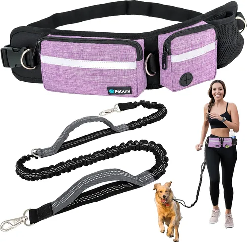 Vista 16 de Correa para perro PetAmi manos libres, correa para correr con bolsa para la cintura, para caminar, trotar, doble bolsillo con cremallera