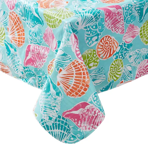 Vista 2 de Newbridge Mantel cuadrado de vinilo con parte trasera de franela, 52 x 52 pulgadas, estampado de conchas tropicales costeras, vinilo impermeable
