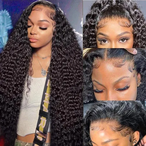 Vista 11 de Pelucas de encaje frontal sin pegamento con onda de agua para mujer, cabello humano 180 de densidad, cabello virgen brasileño sin procesar