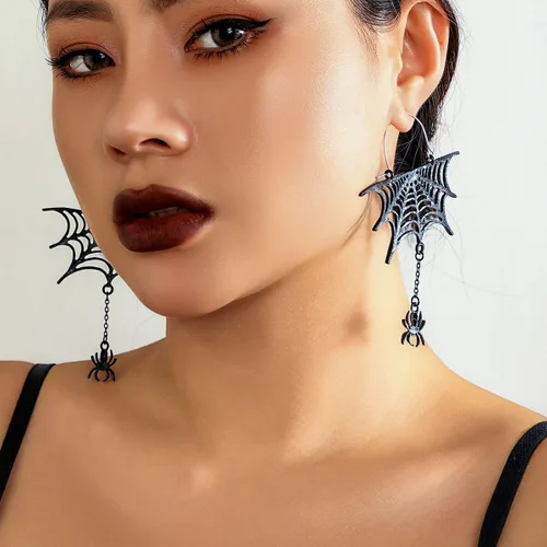 Vista 2 de FMR Aretes de telaraña de Halloween, aretes de araña, aretes colgantes de araña negra, aretes temáticos de Halloween, joyería para mujeres