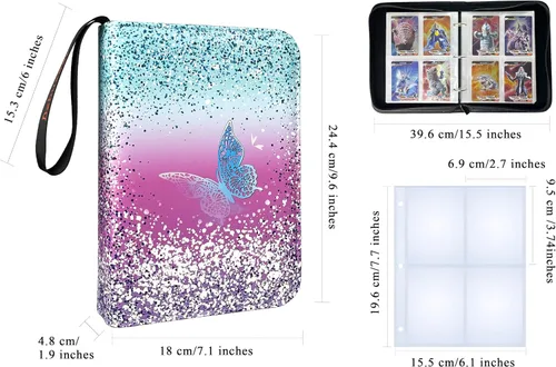 Vista 4 de Carpeta de tarjetas coleccionables para 4 bolsillos, 400 tarjetas con 50 fundas extraíbles con cremallera de protección, pulsera de fácil