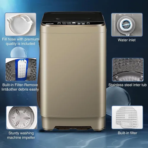 Vista 2 de Lavadora completamente automática con pantalla LED, 10 programas y 8 selecciones de niveles de agua, lavadora de lavandería compacta portátil