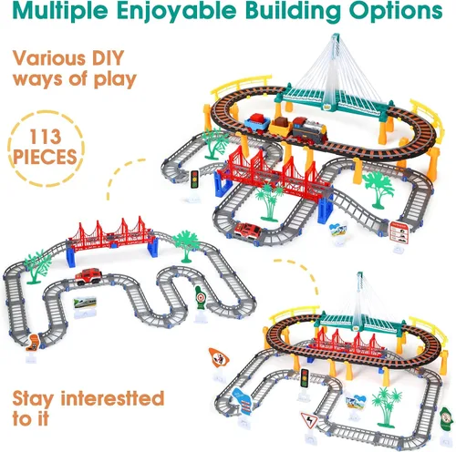 Vista 2 de Juego de Pistas de Tren Eléctrico DIY 2 en 1 para Niños de 4-8 Años, Juego de Pistas de Tren y Autos, Puente con Luces y Tren con Sonido, Accesorios