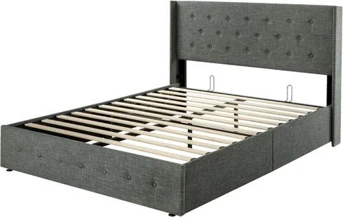 Vista 9 de SHA CERLIN Base de cama de tamaño completo con almacenamiento abatible, cabecera abombada con botón acolchado, plataforma tapizada, almacenamiento