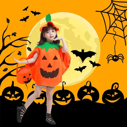 Vista 5 de MAXHJX Juego de 3 piezas de disfraz de calabaza de Halloween para niños incluye bolsa de mano de calabaza y sombrero disfraces de fiesta de cosplay
