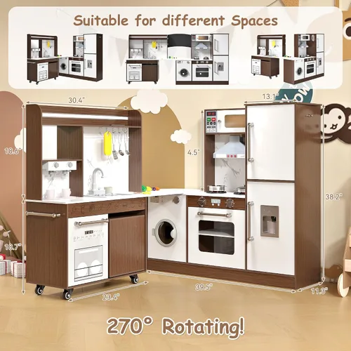 Vista 7 de Juego de cocina grande de esquina de madera, juego de cocina para niños con máquina de hielo, sonido y luz realistas, fregadero de juguetes con agua