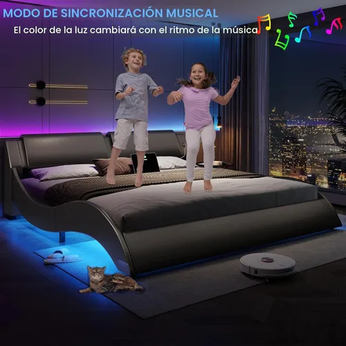 Vista 5 de DICTAC Base de cama California King con cabecero y luces LED, moderna base de cama LED Cali King con puertos USB y tipo C, de piel sintética
