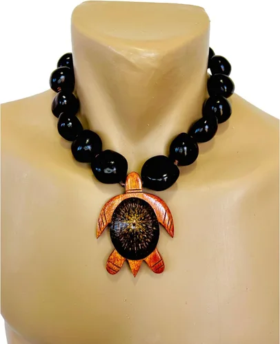 Vista 2 de Zero Gravity Hawaii Hawaiian Jewelry - Gargantilla de nuez Kukui marrón de 20 pulgadas con concha de opihi en madera de koa, tortuga honu, Shell, No