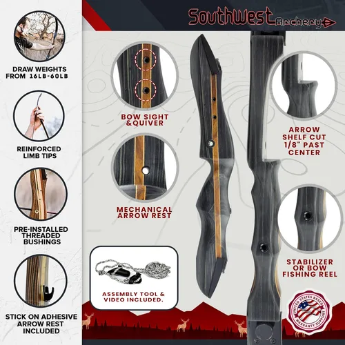 Vista 5 de Southwest Archery Arco largo Ghost Takedown – Arco de caza de arco largo de 64 pulgadas – Mano derecha e izquierda – Pesos de tracción en 20 – 50