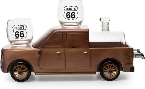 Vista 3 de Set de decantador de vino y whisky en forma de camioneta de recogida con dos vasos Route 66 de 12 Oz y 350 ml - Regalos para él, papá, conductor