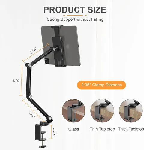 Vista 5 de Houele Soporte para Tableta, Brazo Plegable Ajustable para Tableta iPad Soporte de Escritorio con Base Giratoria de 360°, Soporte para Teléfono