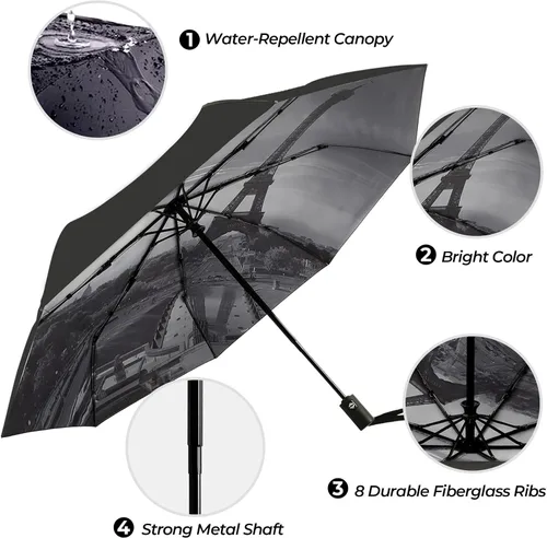 Vista 3 de LLanxiry Compact Travel Umbrella, 44" Canopy, Automatic OpenClose Windproof Umbrella, 210T Pongee, 8-Rib Fiberglass, Travel Size Mini, Portable