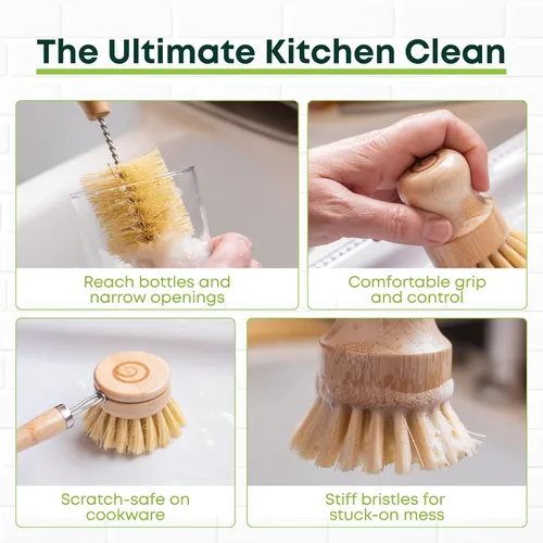 Vista 3 de Tieralia Juego de 5 cepillos de bambú para platos, kit de limpieza de cocina ecológico con cepillo para botellas, cepillo largo para platos