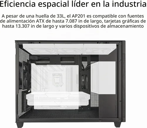 Vista 3 de Cajas de PC ASUS Prime AP201 de 33 litros Micro ATX color negro con paneles laterales sin herramientas y malla de filtro cuasi, con soporte