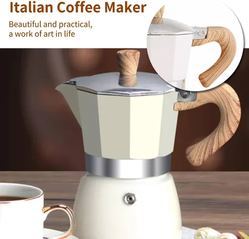 Vista 2 de Cafetera italiana con mango de grano de madera, estufa de aluminio, cafetera portátil (5.1 fl oz, blanco)