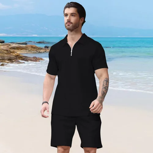 Vista 3 de Aulemen Conjunto deportivo de 2 piezas con cremallera para hombre, manga corta, camiseta polo y pantalones cortos, conjuntos de verano para hombre