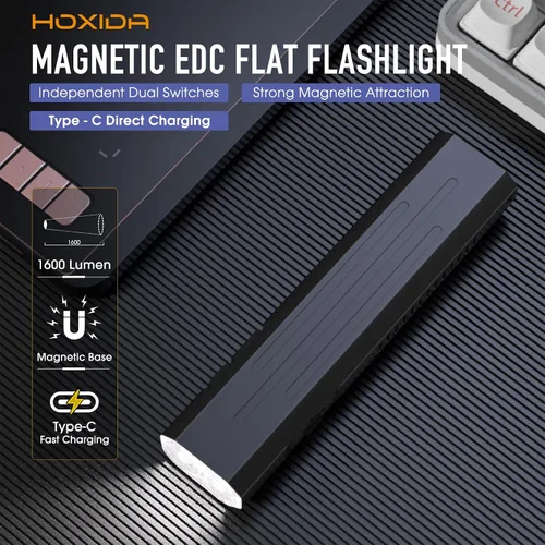 Vista 2 de Hoxida Linterna EDC recargable de alto lúmenes, mini linterna de bolsillo con botón estroboscópico táctico, linterna plana pequeña EDC magnética
