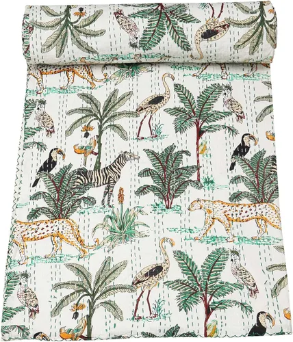 Vista 9 de Marubhumi Edredón tradicional indio de algodón puro con estampado de selva Kantha, funda de cama, colcha Kantha con estampado de animales, Gris