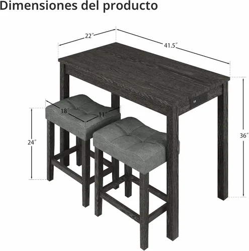 Vista 2 de allamazing Juego de Mesa de Bar de Altura de Mostrador de 3 Piezas con Enchufe y 2 Taburetes de Bar Acolchados de Tela, Juego de Mesa de Comedor 1+2