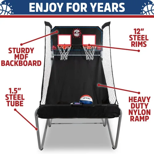 Vista 3 de Pop-A-Shot - Home Dual Shot Juego de baloncesto arcade para el hogar Aro de puntuación con sensor, 16 modos de juego, 7 bolas Plegable para un
