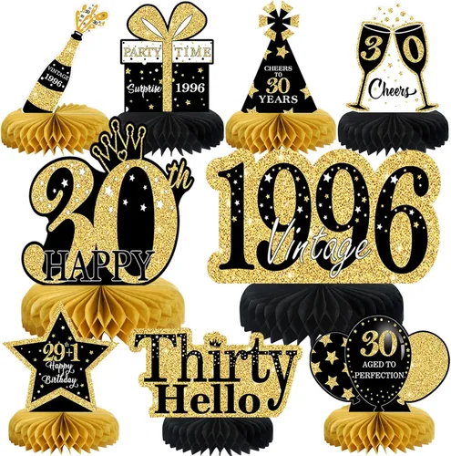 Vista 14 de 9 piezas de decoración de cumpleaños negro dorado 16 centros de mesa de panal para niños y niñas, centros de mesa de feliz cumpleaños 16 Oro negro 16