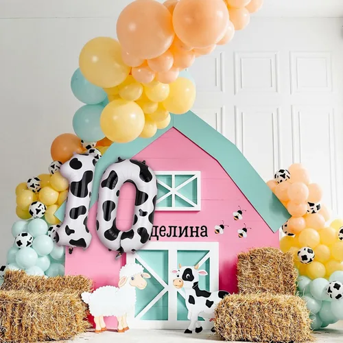 Vista 4 de Globos con estampado de vaca de 40 pulgadas, globo de número 0 blanco y negro con temática de vaquera, suministros de decoración de fiesta